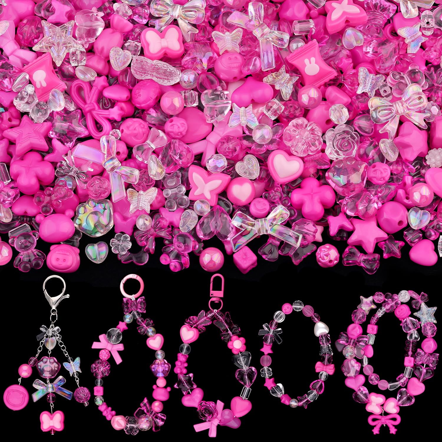 Assorted 180-240PCS Acrylic Beads for Bracelet Making, Flower Bow Butterfly Candy GummyBear Aesthetic Bracelet Charms,Cute Beads for Jewelry Making DIY Necklace Keychain Phone Charm