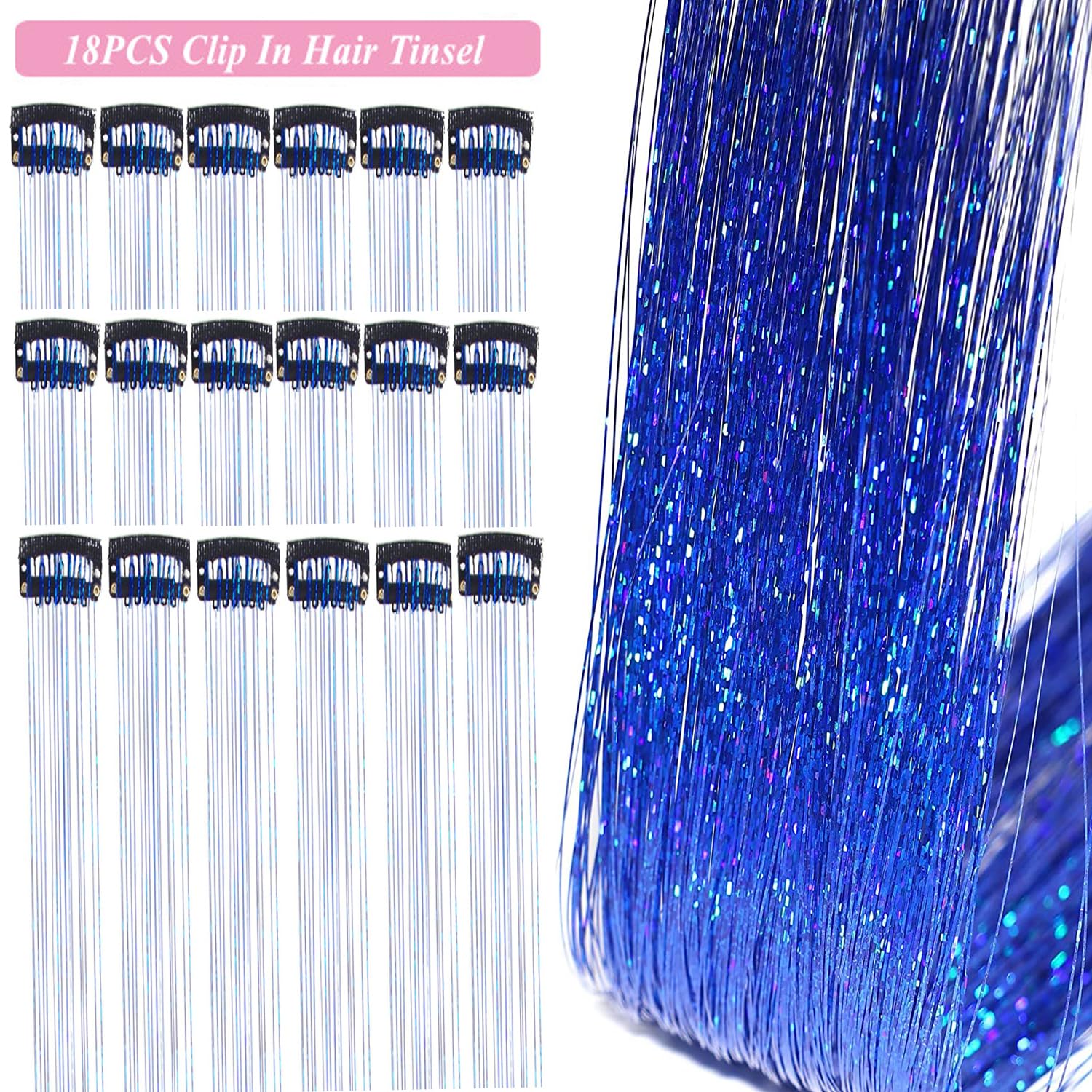 Hair Tinsel Kit Pack of 18 Pcs Hair Tinsel Clip in 19.6Inch Glitter Tinsel Hair Extensions Heat Resistant Clip in Hair Tinsel Sparkle Fairy Hair Accessories for Kids Girls Women (Pink)