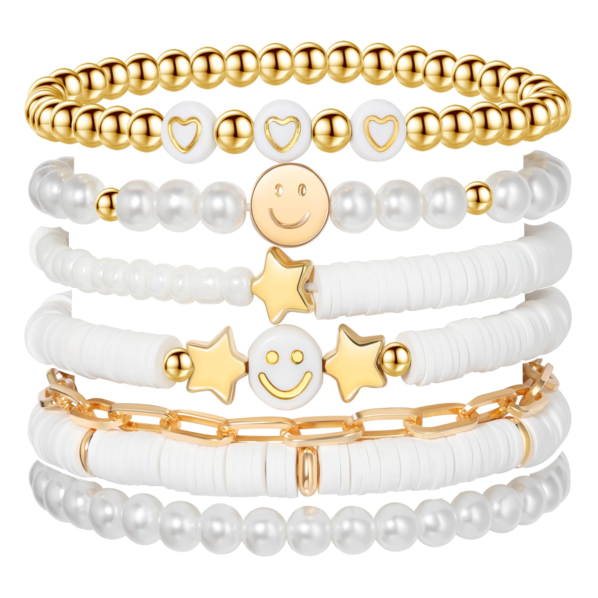 Preppy Bracelets Set Colorful White Gold Smile Heart Star Polymer Beaded Pearl Clay Stackable Charm Y2K Kidcore Aesthetic Summer Beach Bohemian Stretch Layering Bracelets Jewelry for Girls Women Teens