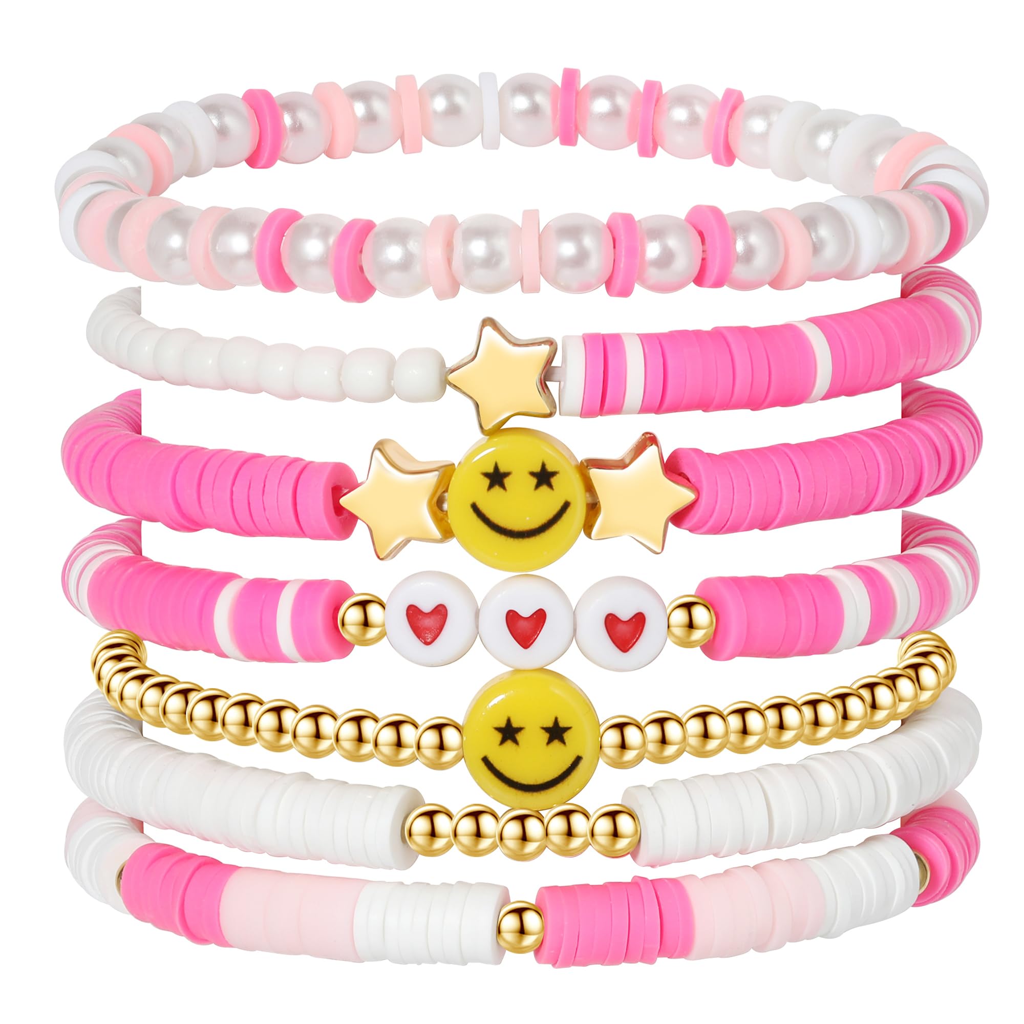 Preppy Bracelets Set Colorful White Gold Smile Heart Star Polymer Beaded Pearl Clay Stackable Charm Y2K Kidcore Aesthetic Summer Beach Bohemian Stretch Layering Bracelets Jewelry for Girls Women Teens