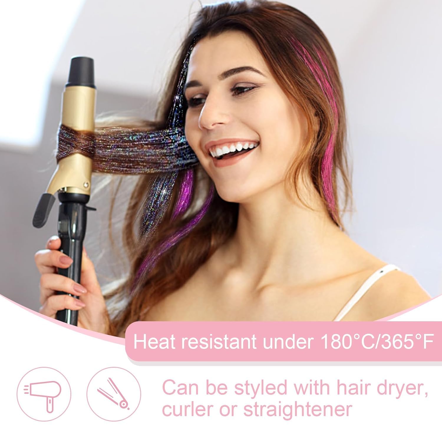Hair Tinsel Kit Pack of 18 Pcs Hair Tinsel Clip in 19.6Inch Glitter Tinsel Hair Extensions Heat Resistant Clip in Hair Tinsel Sparkle Fairy Hair Accessories for Kids Girls Women (Pink)