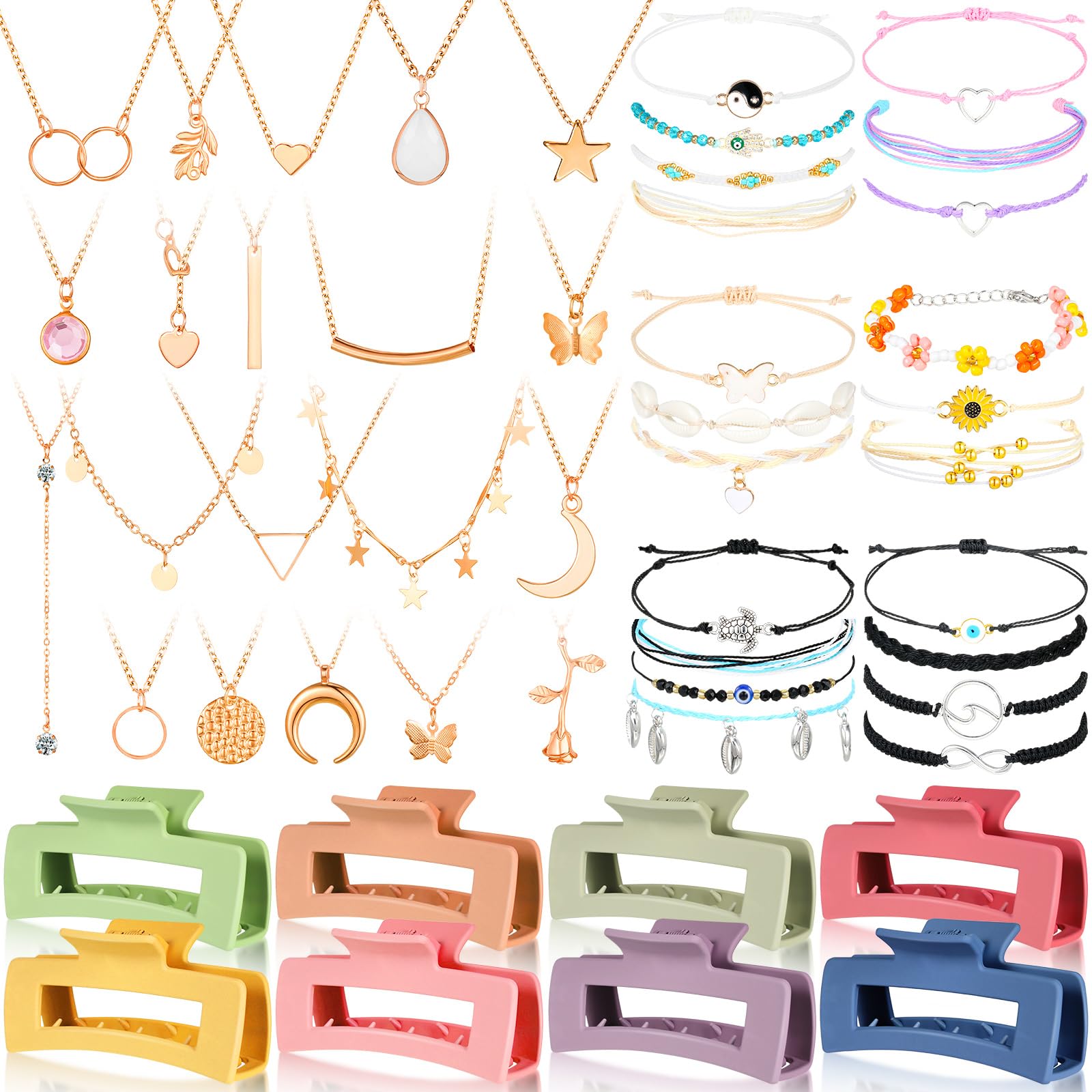 49 Pcs Surfer Wave String Friendship Bracelets Layered Choker Square Hair Clip Accessories for Women