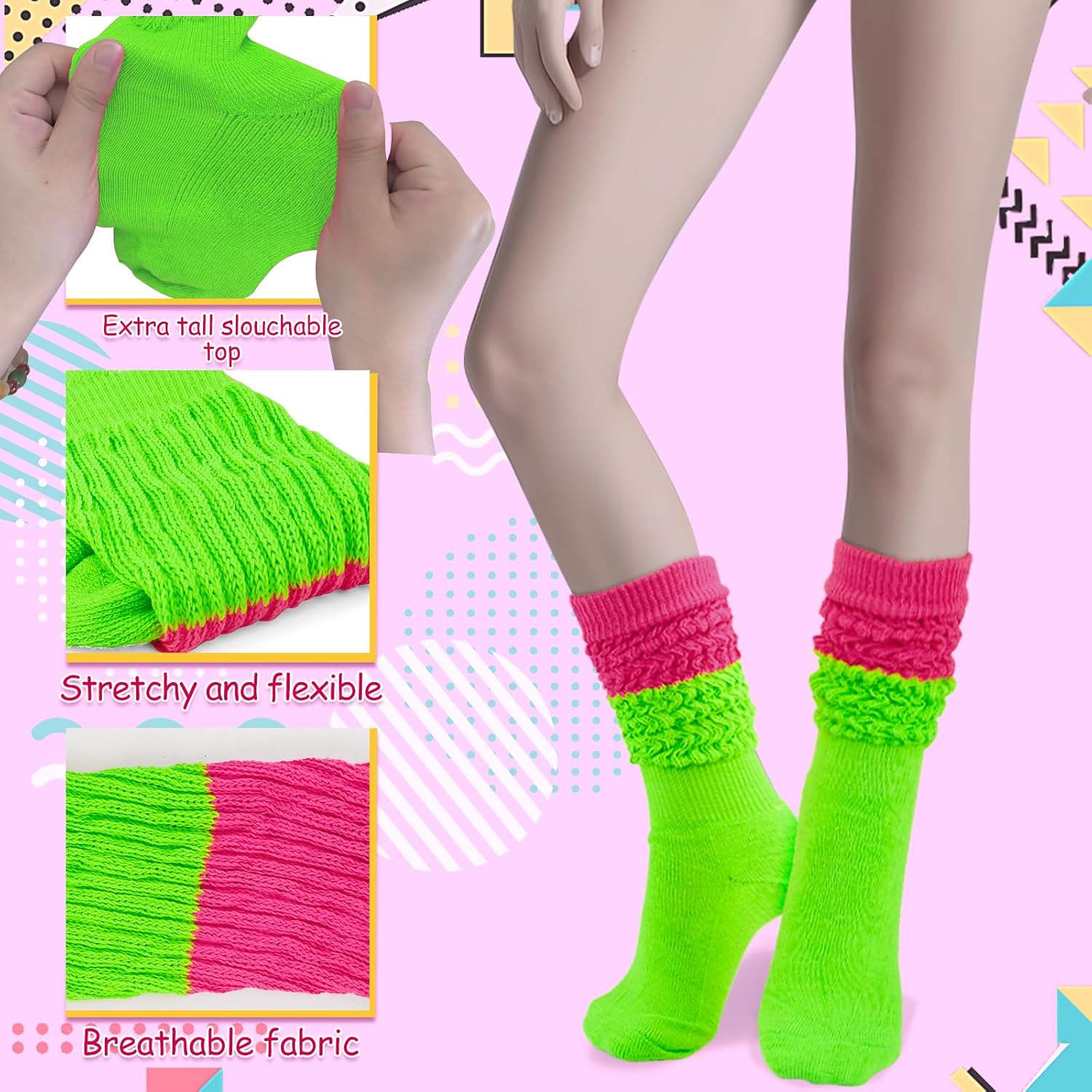 Neon Slouch Socks,80s 90s outfits for women Soft Extra Long Scrunch Knee High Leg Warmers, Perfect for Party
