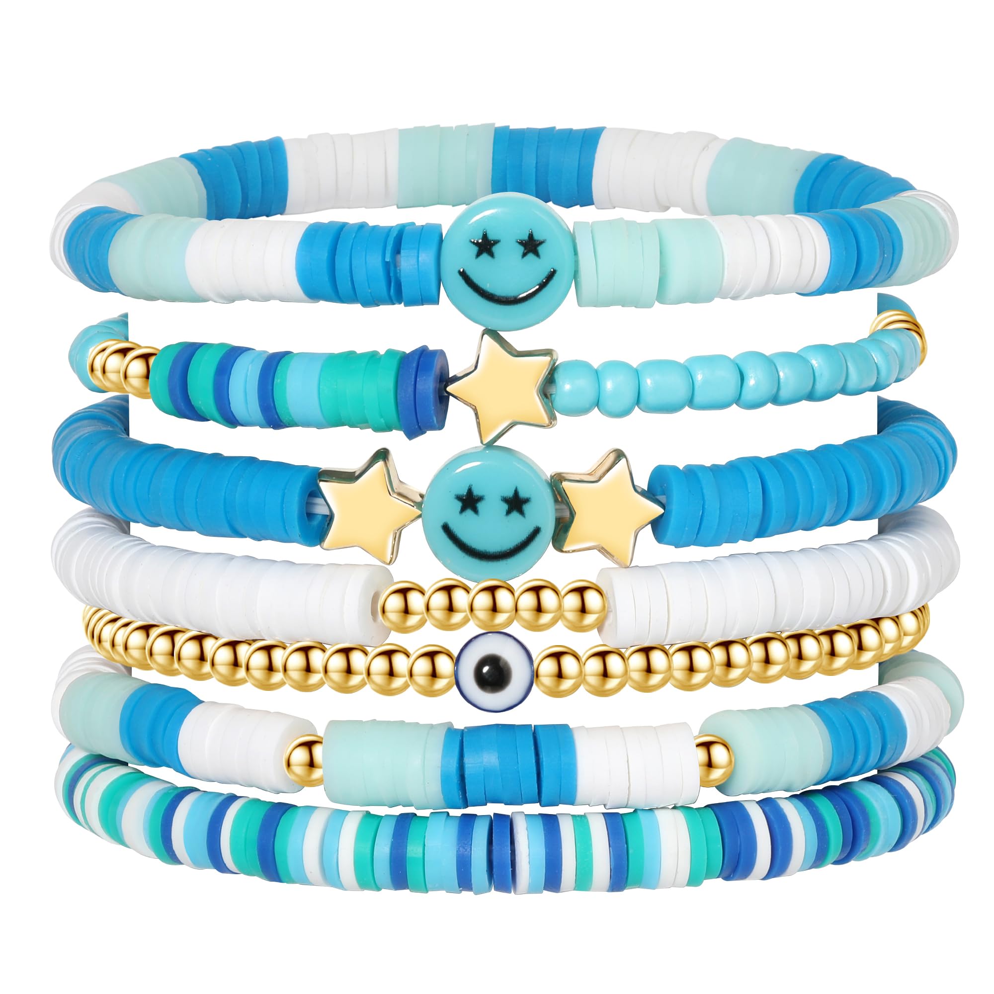 Preppy Bracelets Set Colorful White Gold Smile Heart Star Polymer Beaded Pearl Clay Stackable Charm Y2K Kidcore Aesthetic Summer Beach Bohemian Stretch Layering Bracelets Jewelry for Girls Women Teens