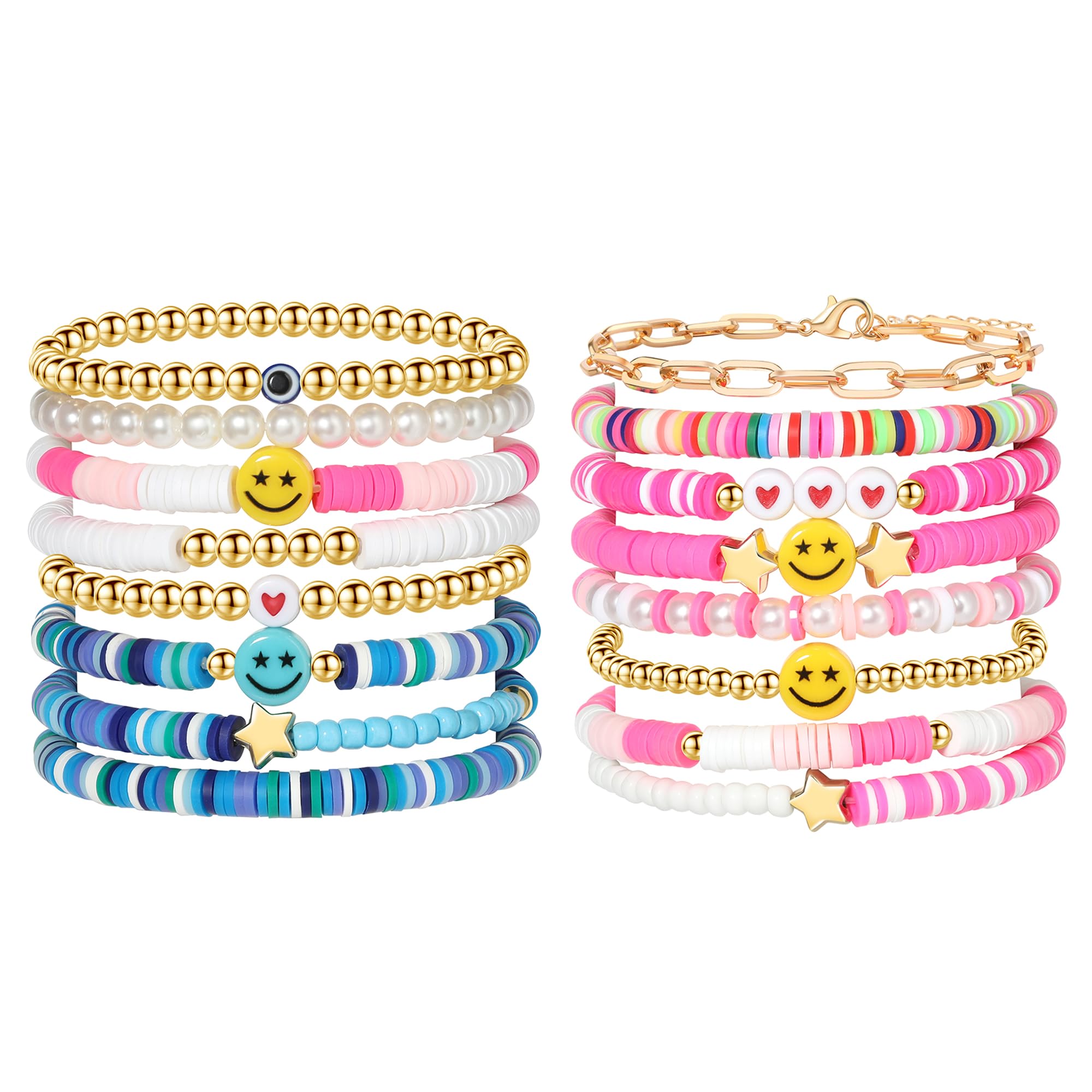 Preppy Bracelets Set Colorful White Gold Smile Heart Star Polymer Beaded Pearl Clay Stackable Charm Y2K Kidcore Aesthetic Summer Beach Bohemian Stretch Layering Bracelets Jewelry for Girls Women Teens