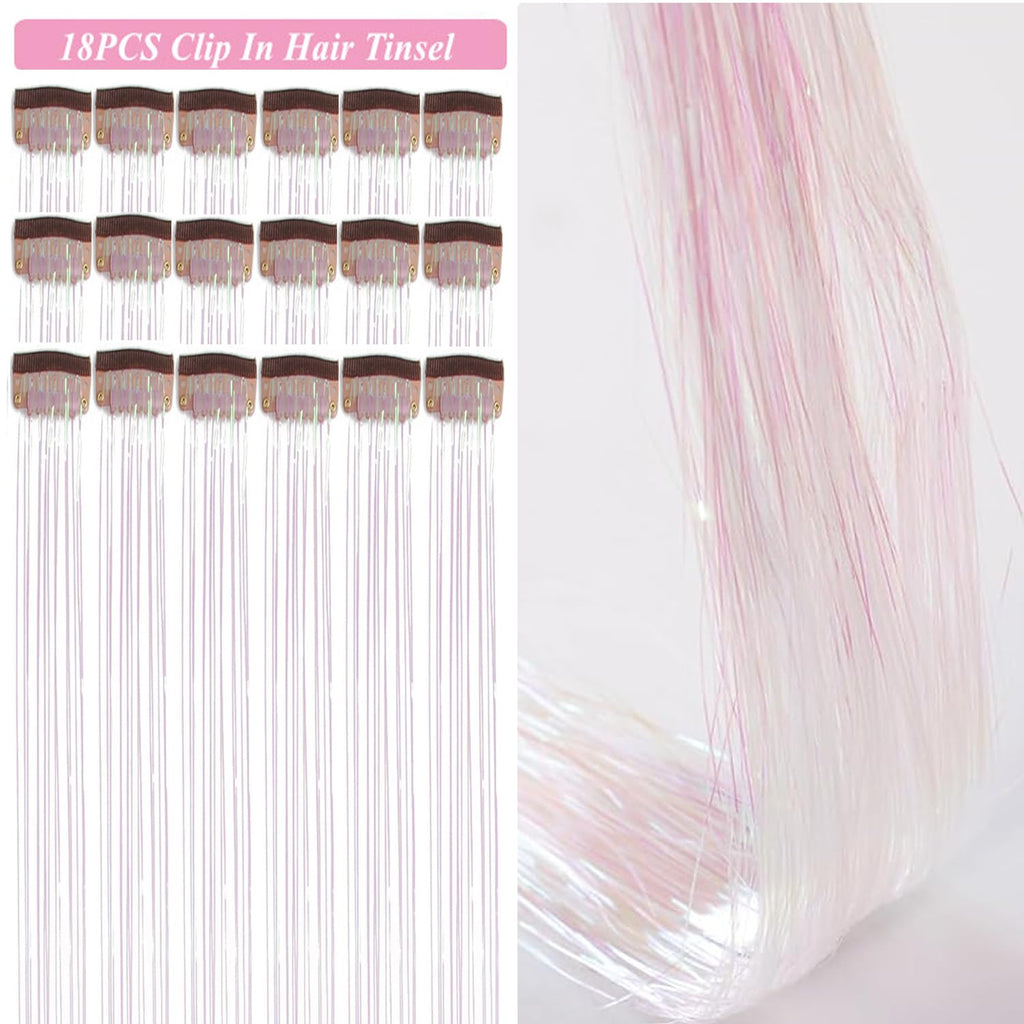 Hair Tinsel Kit Pack of 18 Pcs Hair Tinsel Clip in 19.6Inch Glitter Tinsel Hair Extensions Heat Resistant Clip in Hair Tinsel Sparkle Fairy Hair Accessories for Kids Girls Women (Pink)