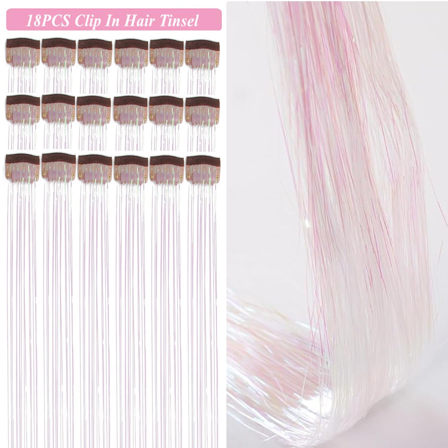 Hair Tinsel Kit Pack of 18 Pcs Hair Tinsel Clip in 19.6Inch Glitter Tinsel Hair Extensions Heat Resistant Clip in Hair Tinsel Sparkle Fairy Hair Accessories for Kids Girls Women (Pink)