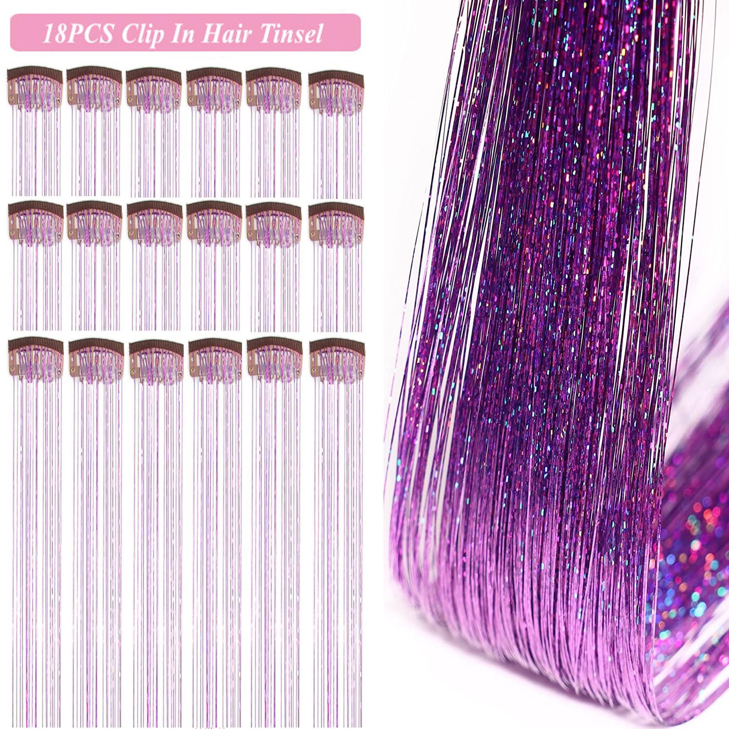 Hair Tinsel Kit Pack of 18 Pcs Hair Tinsel Clip in 19.6Inch Glitter Tinsel Hair Extensions Heat Resistant Clip in Hair Tinsel Sparkle Fairy Hair Accessories for Kids Girls Women (Pink)