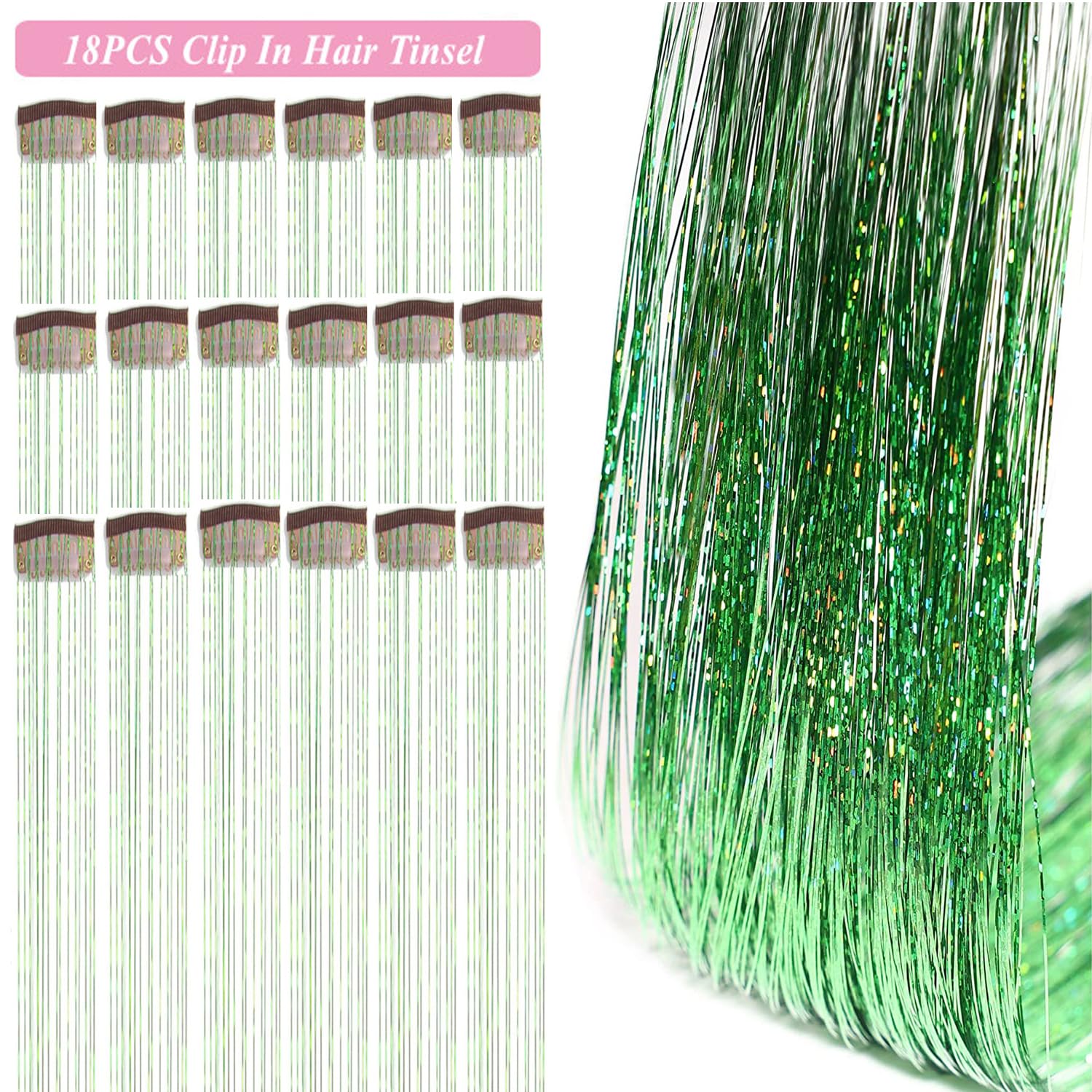 Hair Tinsel Kit Pack of 18 Pcs Hair Tinsel Clip in 19.6Inch Glitter Tinsel Hair Extensions Heat Resistant Clip in Hair Tinsel Sparkle Fairy Hair Accessories for Kids Girls Women (Pink)