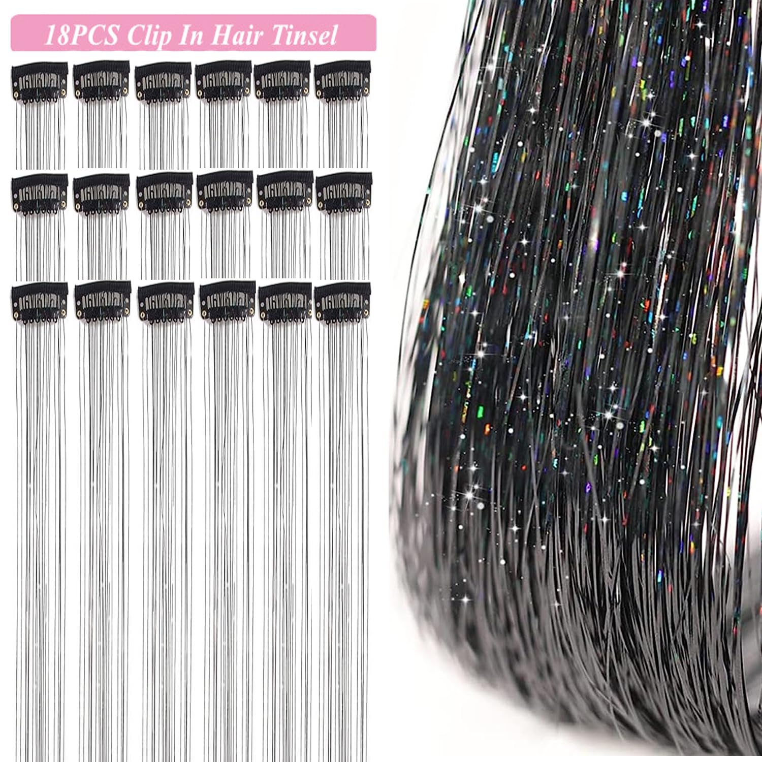 Hair Tinsel Kit Pack of 18 Pcs Hair Tinsel Clip in 19.6Inch Glitter Tinsel Hair Extensions Heat Resistant Clip in Hair Tinsel Sparkle Fairy Hair Accessories for Kids Girls Women (Pink)