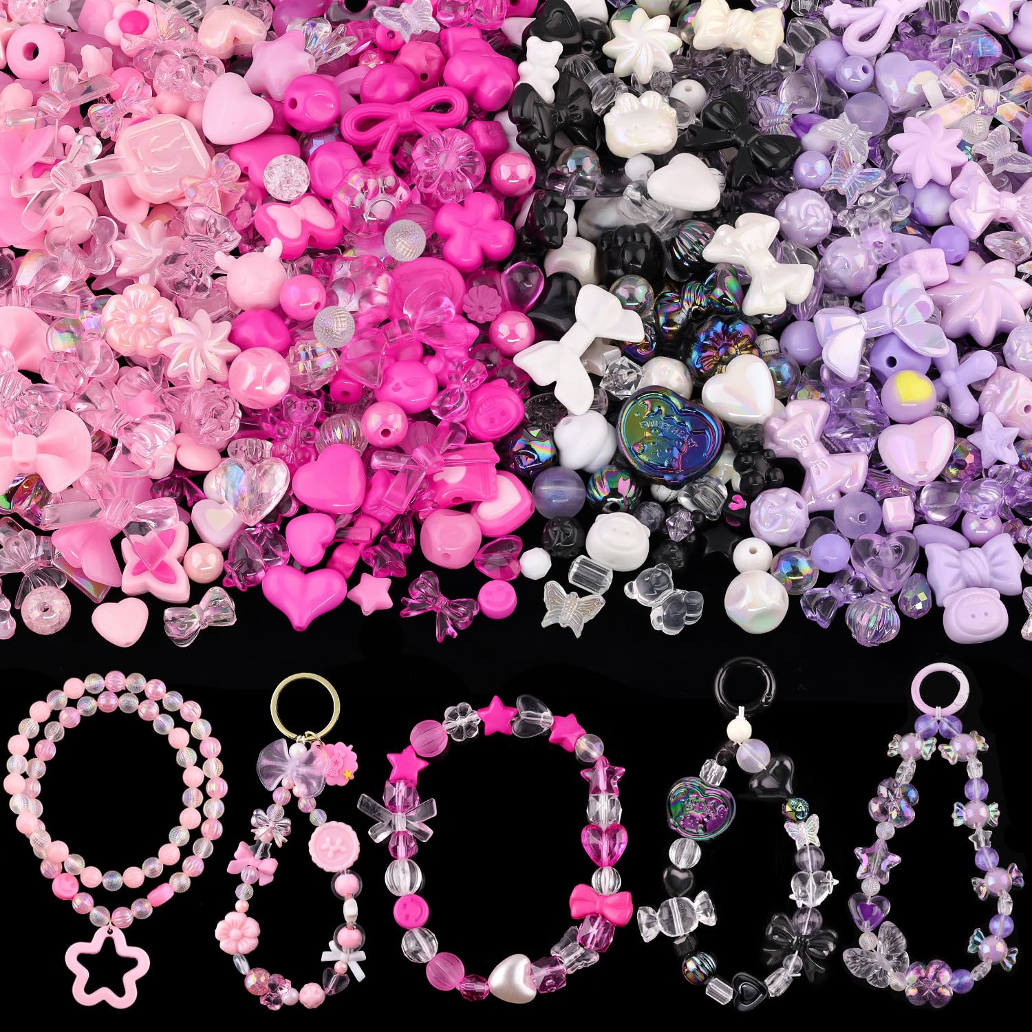 Assorted 180-240PCS Acrylic Beads for Bracelet Making, Flower Bow Butterfly Candy GummyBear Aesthetic Bracelet Charms,Cute Beads for Jewelry Making DIY Necklace Keychain Phone Charm