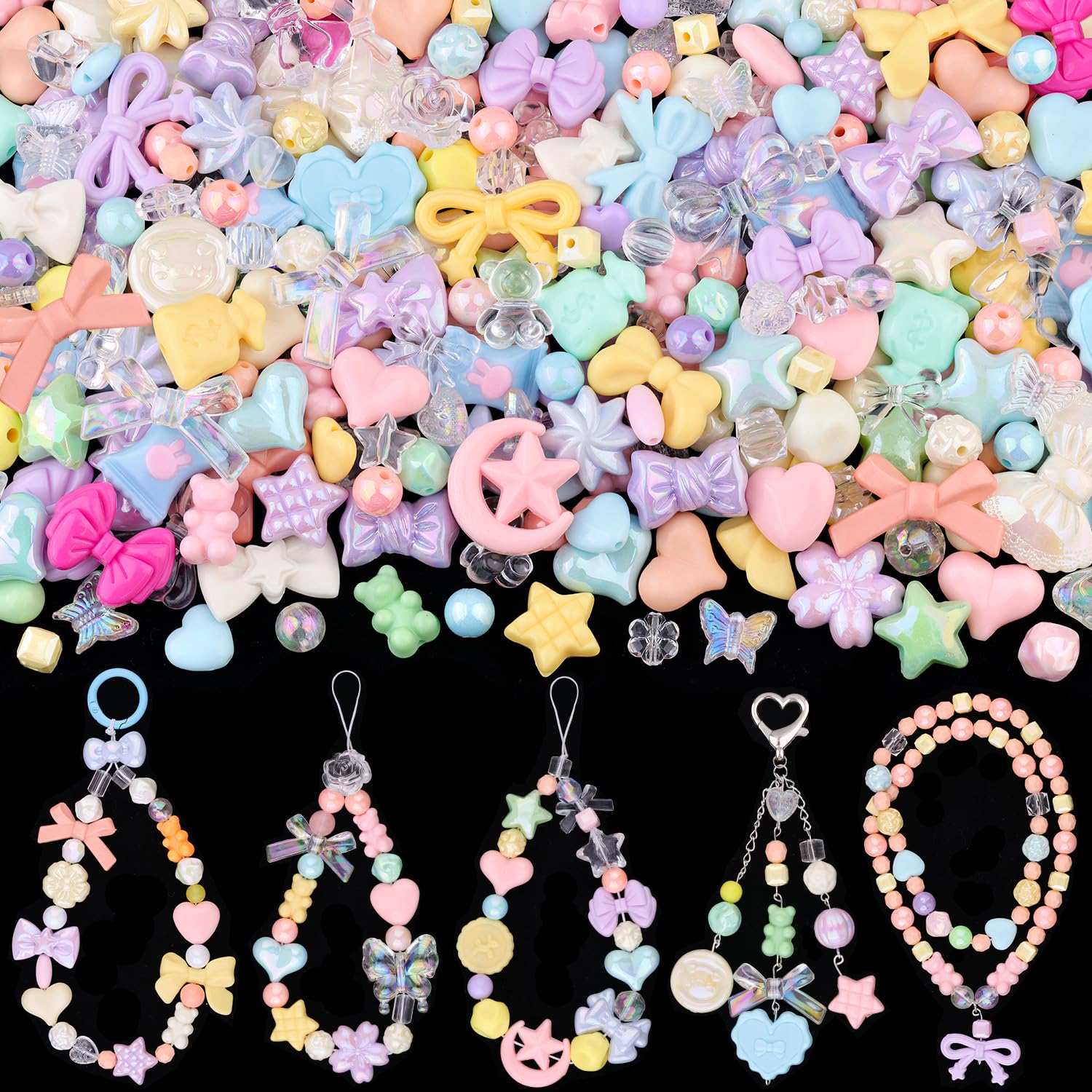 Assorted 180-240PCS Acrylic Beads for Bracelet Making, Flower Bow Butterfly Candy GummyBear Aesthetic Bracelet Charms,Cute Beads for Jewelry Making DIY Necklace Keychain Phone Charm