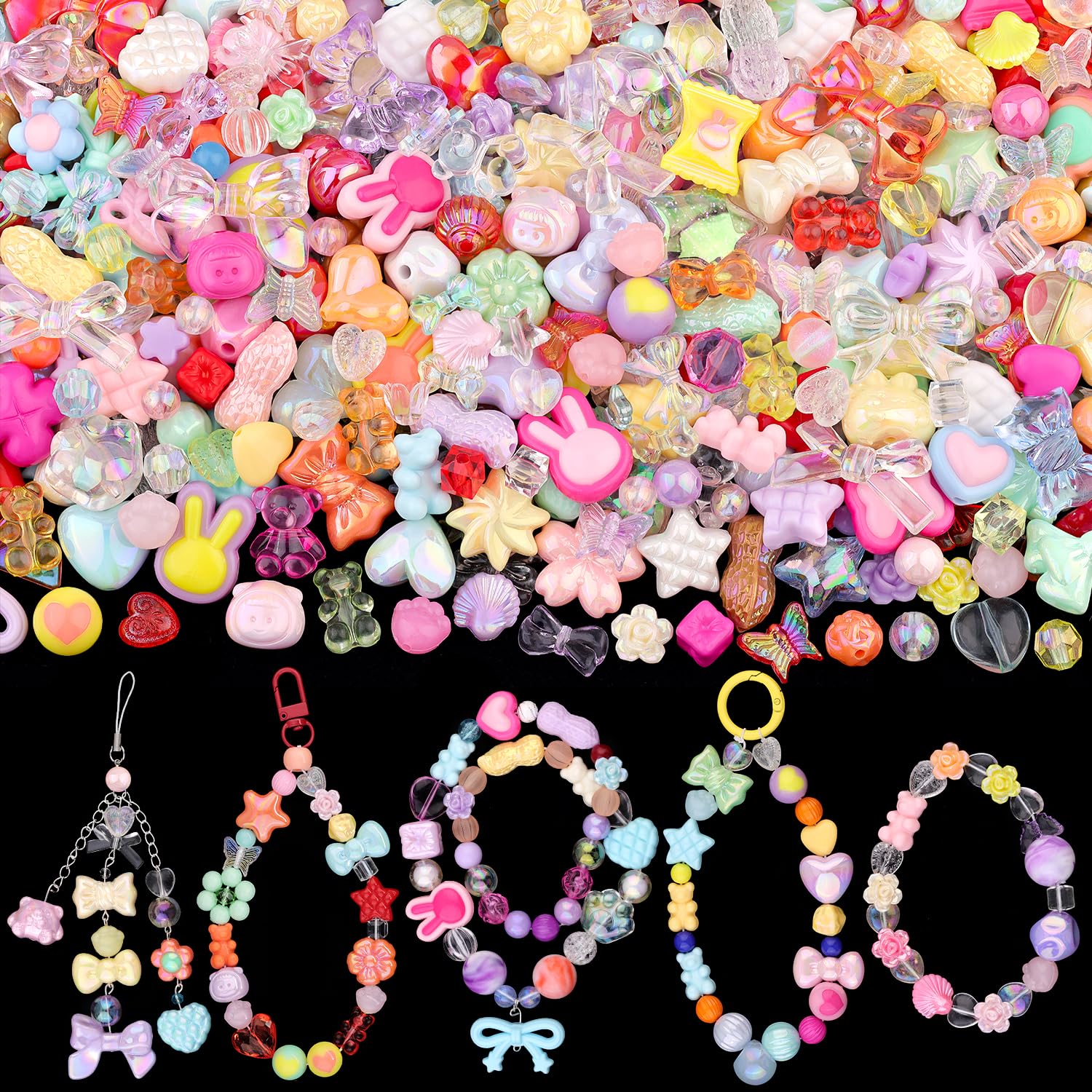 Assorted 180-240PCS Acrylic Beads for Bracelet Making, Flower Bow Butterfly Candy GummyBear Aesthetic Bracelet Charms,Cute Beads for Jewelry Making DIY Necklace Keychain Phone Charm