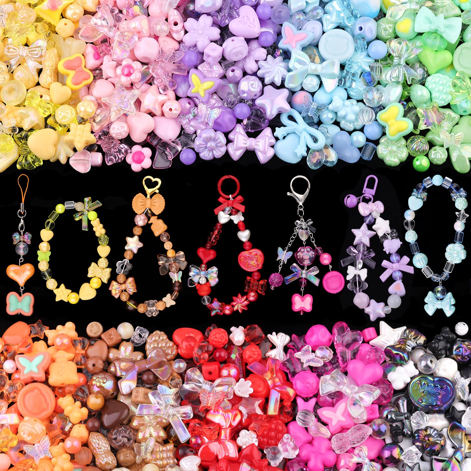 Assorted 180-240PCS Acrylic Beads for Bracelet Making, Flower Bow Butterfly Candy GummyBear Aesthetic Bracelet Charms,Cute Beads for Jewelry Making DIY Necklace Keychain Phone Charm