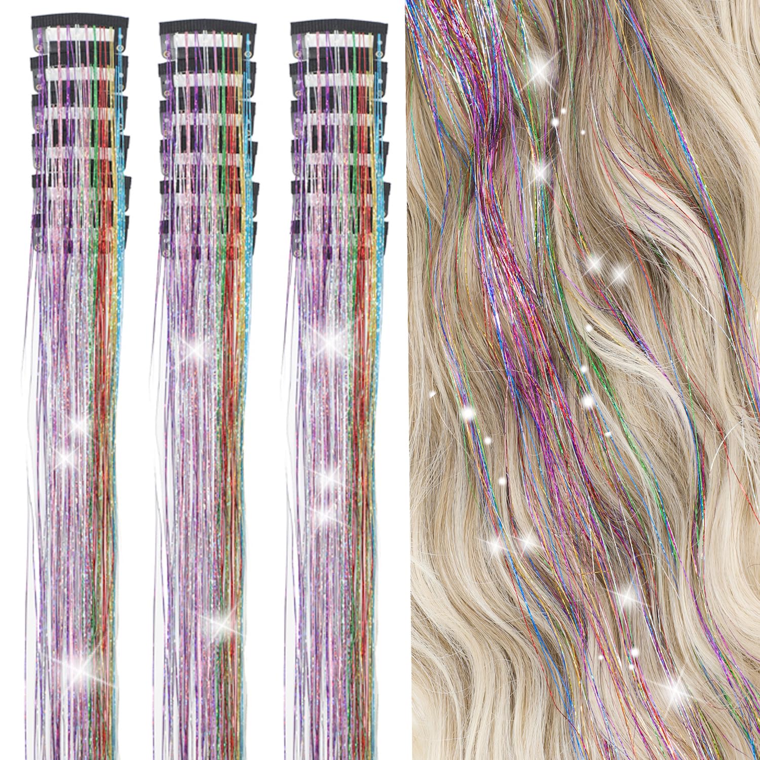 Hair Tinsel Kit Pack of 18 Pcs Hair Tinsel Clip in 19.6Inch Glitter Tinsel Hair Extensions Heat Resistant Clip in Hair Tinsel Sparkle Fairy Hair Accessories for Kids Girls Women (Pink)