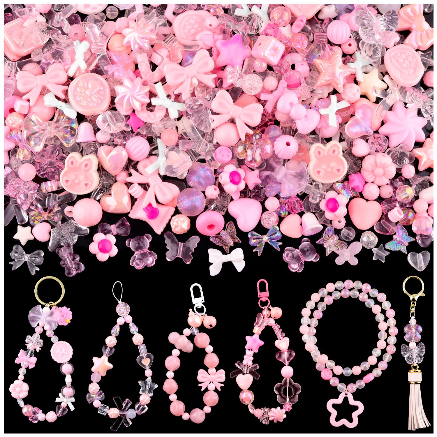 Assorted 180-240PCS Acrylic Beads for Bracelet Making, Flower Bow Butterfly Candy GummyBear Aesthetic Bracelet Charms,Cute Beads for Jewelry Making DIY Necklace Keychain Phone Charm