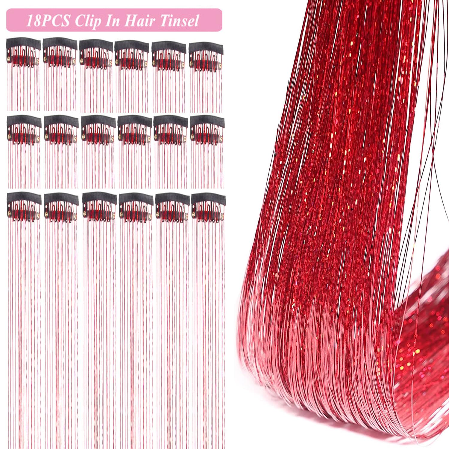 Hair Tinsel Kit Pack of 18 Pcs Hair Tinsel Clip in 19.6Inch Glitter Tinsel Hair Extensions Heat Resistant Clip in Hair Tinsel Sparkle Fairy Hair Accessories for Kids Girls Women (Pink)
