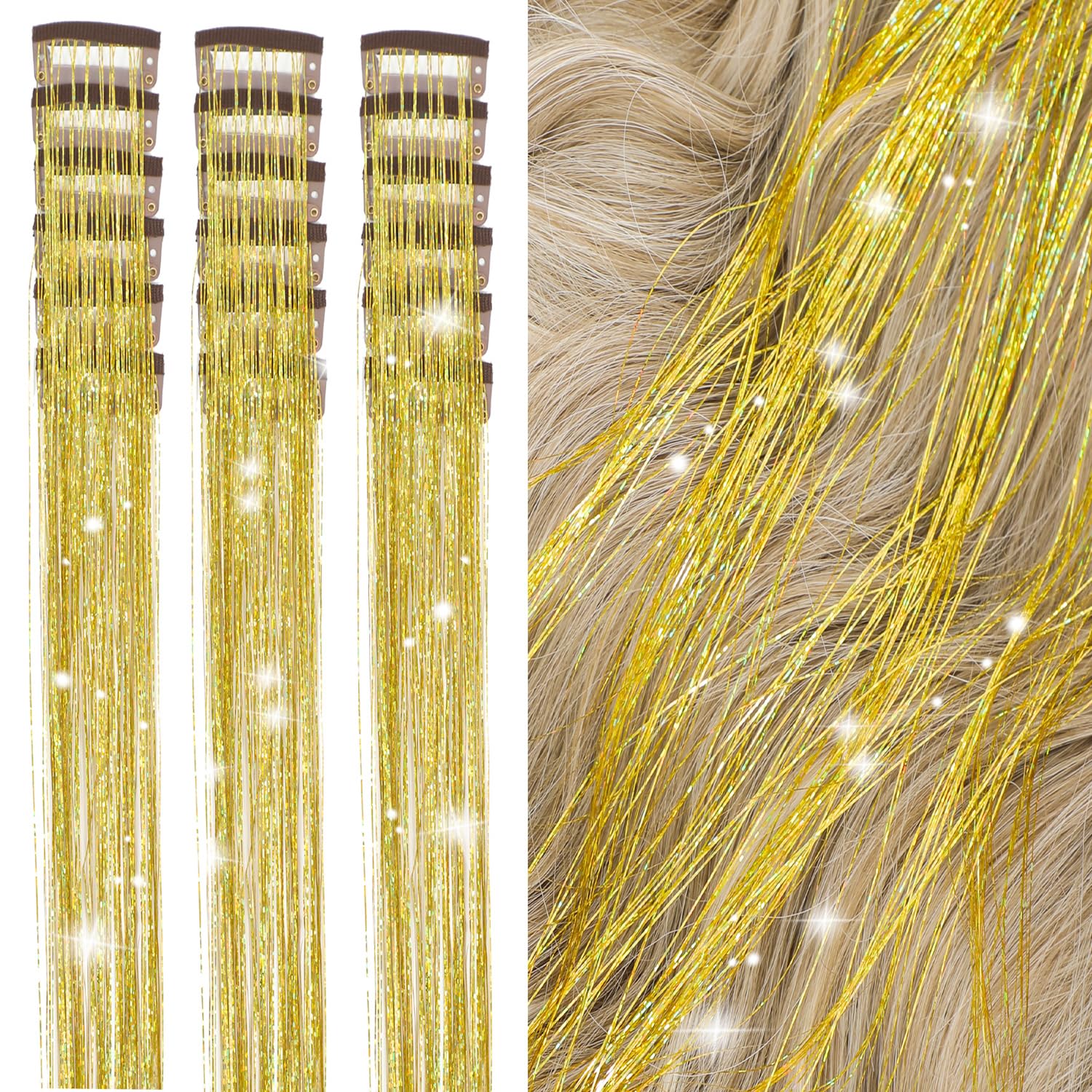 Hair Tinsel Kit Pack of 18 Pcs Hair Tinsel Clip in 19.6Inch Glitter Tinsel Hair Extensions Heat Resistant Clip in Hair Tinsel Sparkle Fairy Hair Accessories for Kids Girls Women (Pink)