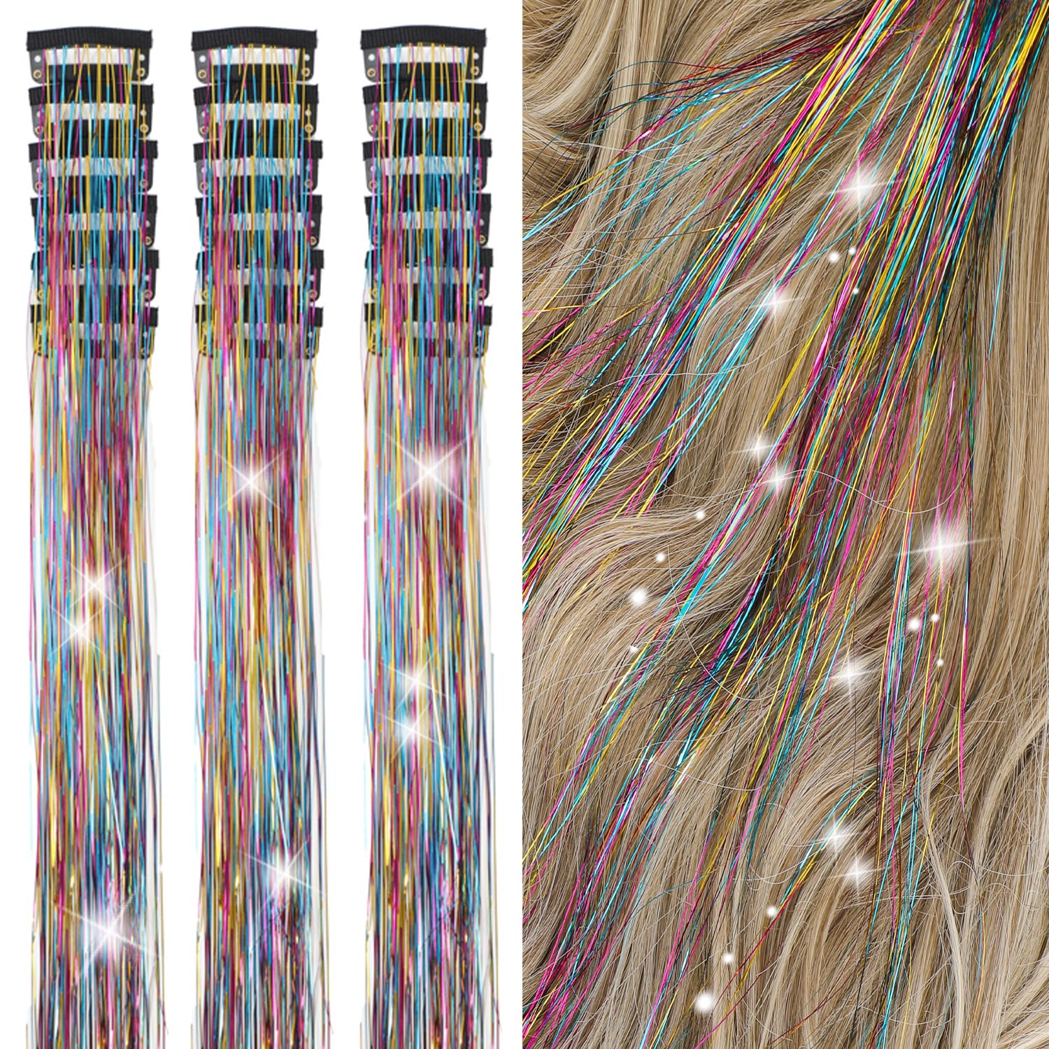 Hair Tinsel Kit Pack of 18 Pcs Hair Tinsel Clip in 19.6Inch Glitter Tinsel Hair Extensions Heat Resistant Clip in Hair Tinsel Sparkle Fairy Hair Accessories for Kids Girls Women (Pink)