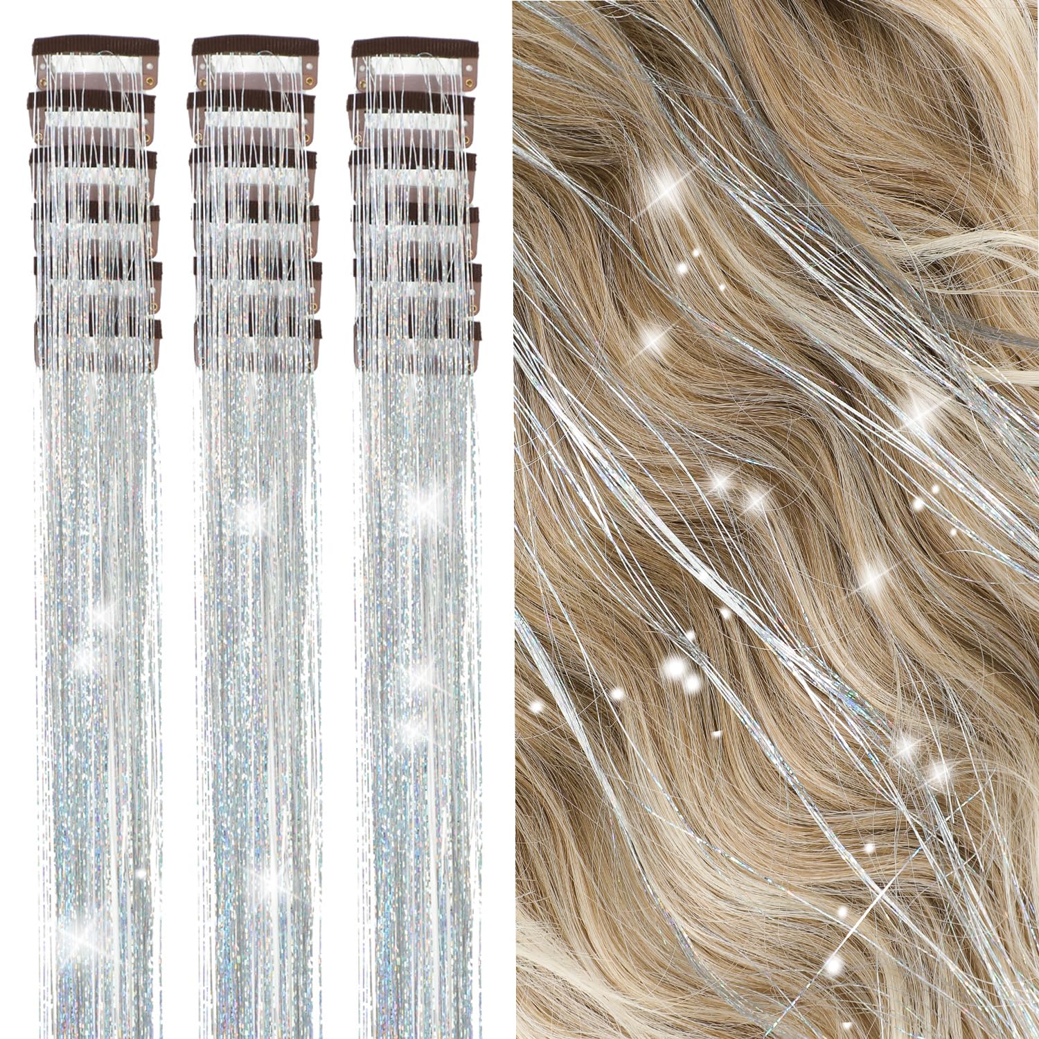 Hair Tinsel Kit Pack of 18 Pcs Hair Tinsel Clip in 19.6Inch Glitter Tinsel Hair Extensions Heat Resistant Clip in Hair Tinsel Sparkle Fairy Hair Accessories for Kids Girls Women (Pink)